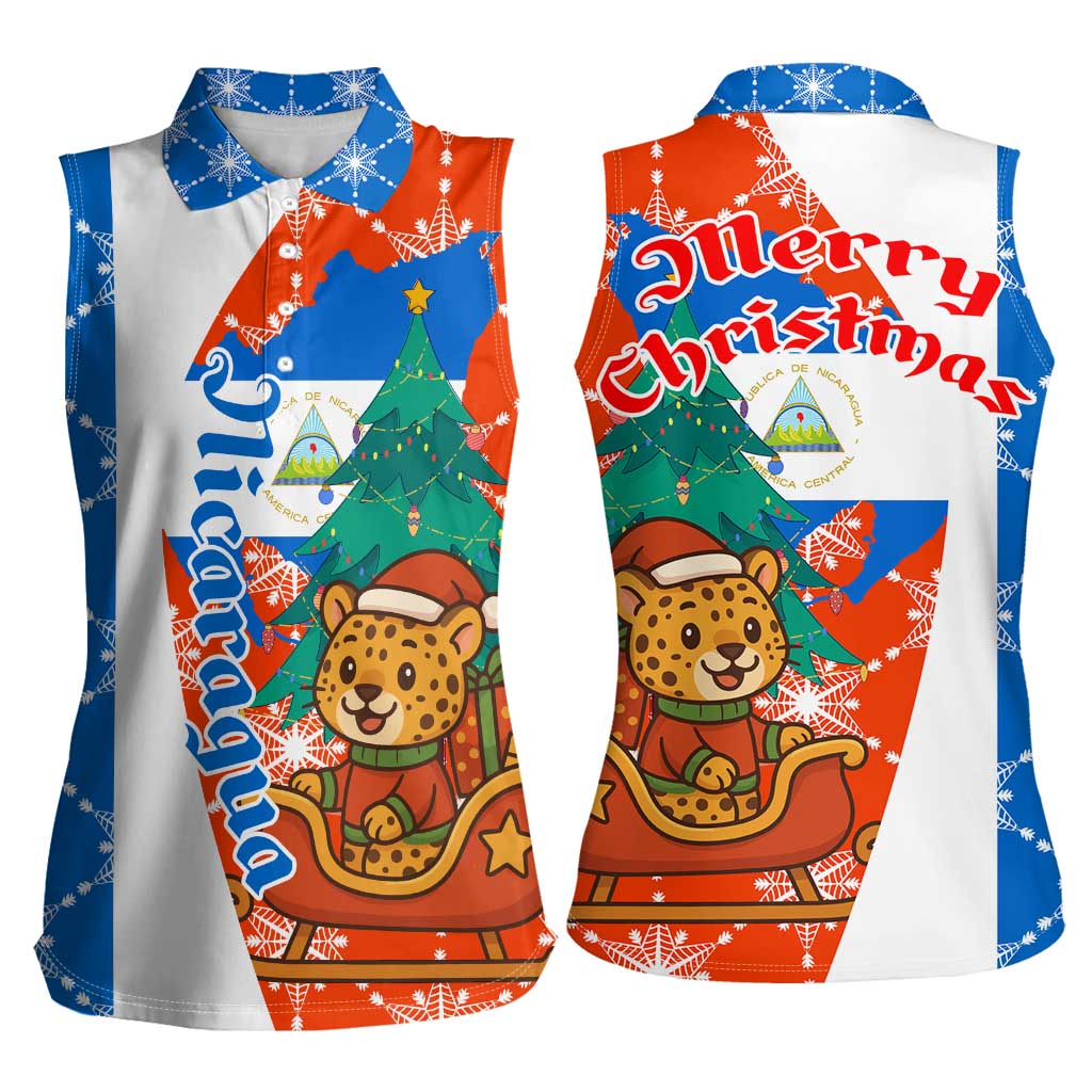 Nicaragua Christmas Women Sleeveless Polo Shirt with Jaguar in Sleigh Christmas Tree Snowflakes and Flag Colors Design - Wonder Print Shop