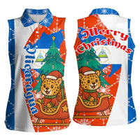 Nicaragua Christmas Women Sleeveless Polo Shirt with Jaguar in Sleigh Christmas Tree Snowflakes and Flag Colors Design - Wonder Print Shop