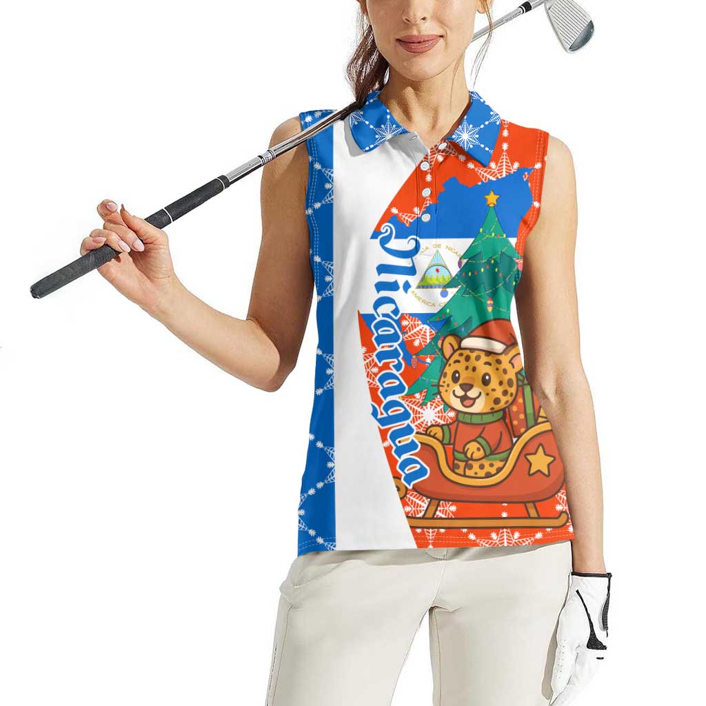Nicaragua Christmas Women Sleeveless Polo Shirt with Jaguar in Sleigh Christmas Tree Snowflakes and Flag Colors Design - Wonder Print Shop