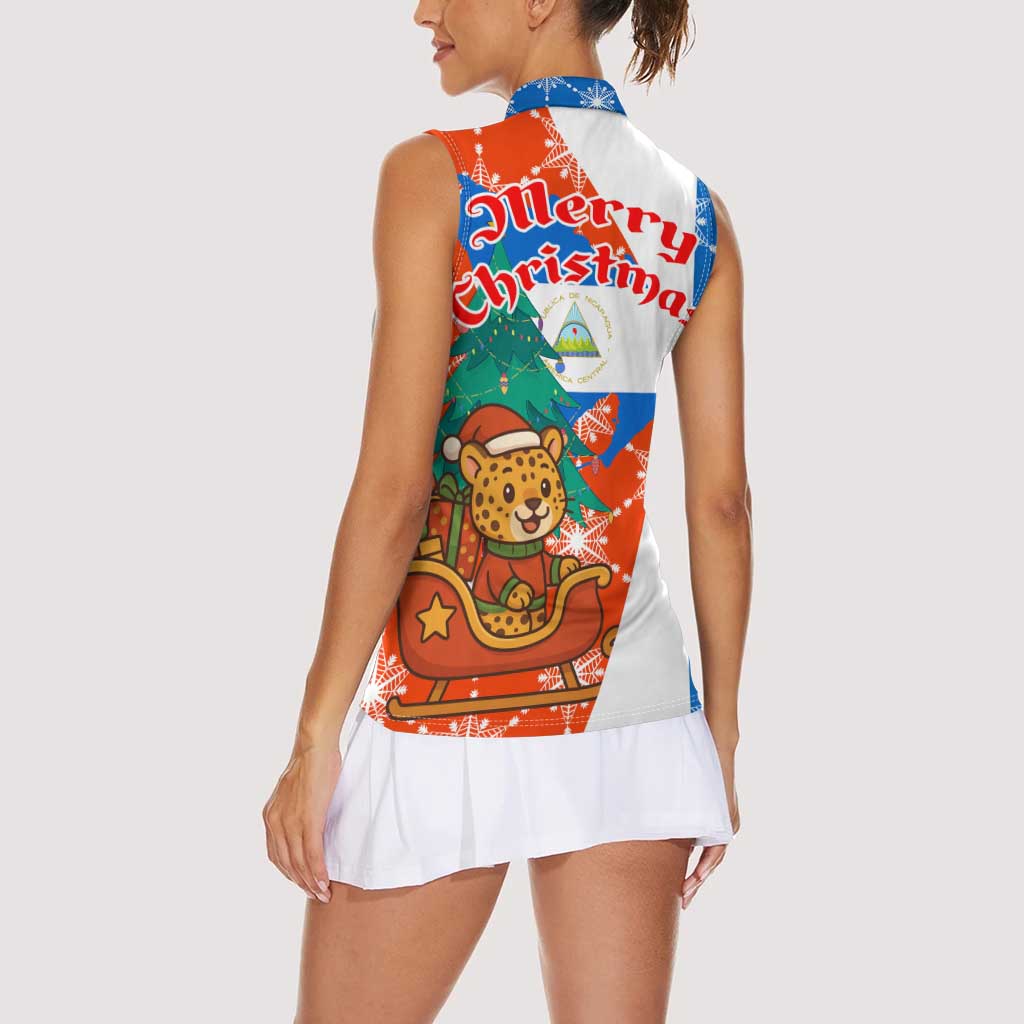 Nicaragua Christmas Women Sleeveless Polo Shirt with Jaguar in Sleigh Christmas Tree Snowflakes and Flag Colors Design - Wonder Print Shop