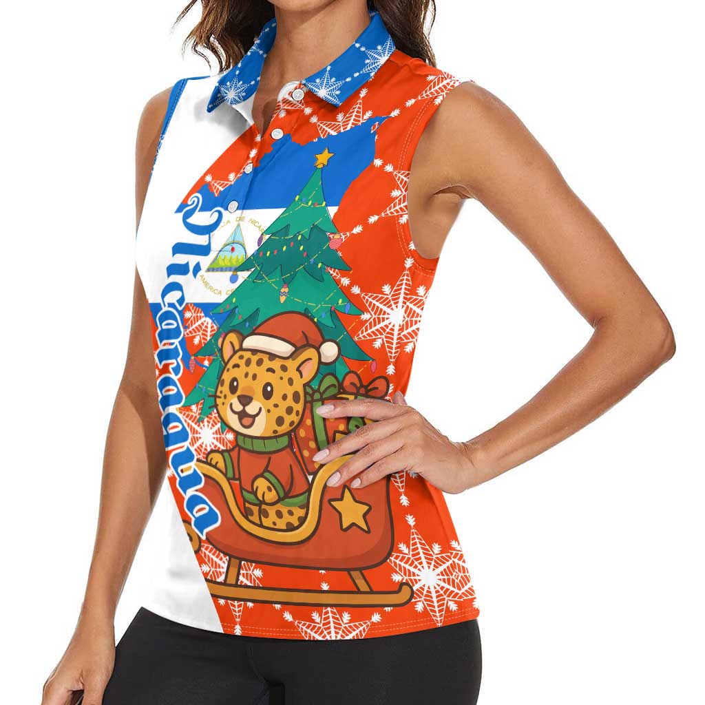 Nicaragua Christmas Women Sleeveless Polo Shirt with Jaguar in Sleigh Christmas Tree Snowflakes and Flag Colors Design - Wonder Print Shop
