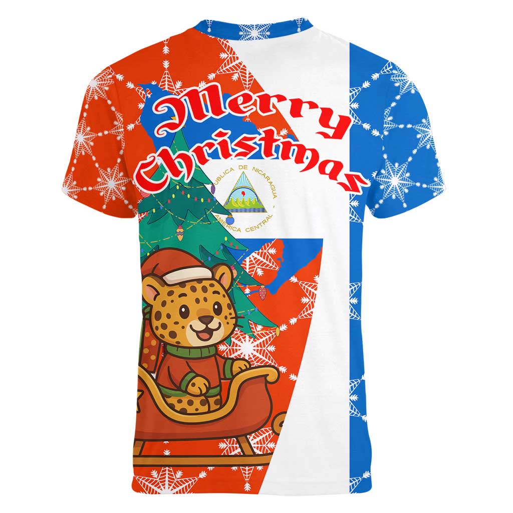 Nicaragua Christmas Women V-Neck T-Shirt with Jaguar in Sleigh Christmas Tree Snowflakes and Flag Colors Design - Wonder Print Shop