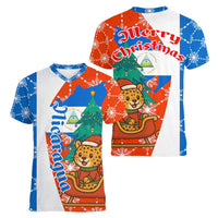 Nicaragua Christmas Women V-Neck T-Shirt with Jaguar in Sleigh Christmas Tree Snowflakes and Flag Colors Design - Wonder Print Shop