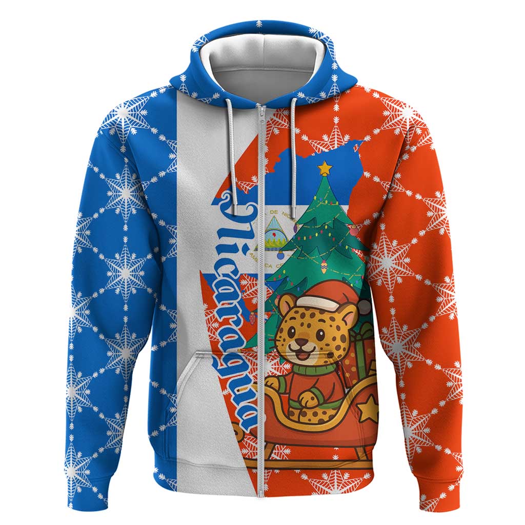 Nicaragua Christmas Zip Hoodie with Jaguar in Sleigh Christmas Tree Snowflakes and Flag Colors Design - Wonder Print Shop