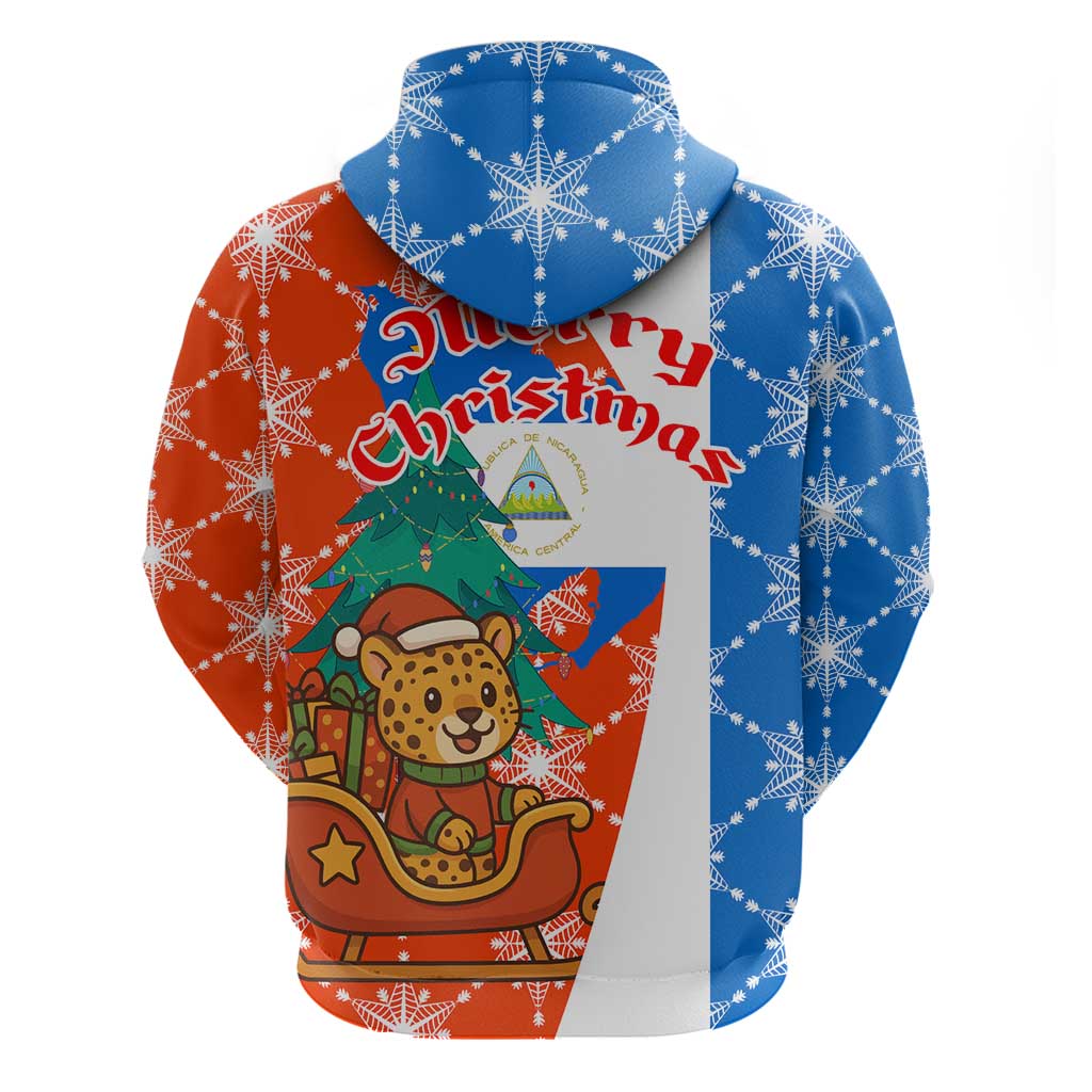 Nicaragua Christmas Zip Hoodie with Jaguar in Sleigh Christmas Tree Snowflakes and Flag Colors Design - Wonder Print Shop