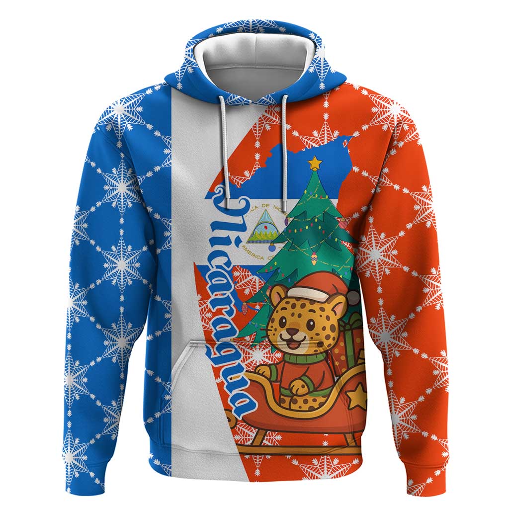 Nicaragua Christmas Zip Hoodie with Jaguar in Sleigh Christmas Tree Snowflakes and Flag Colors Design - Wonder Print Shop