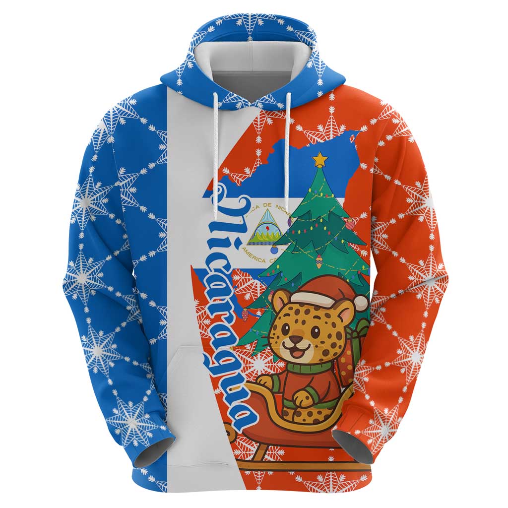 Nicaragua Christmas Zip Hoodie with Jaguar in Sleigh Christmas Tree Snowflakes and Flag Colors Design - Wonder Print Shop