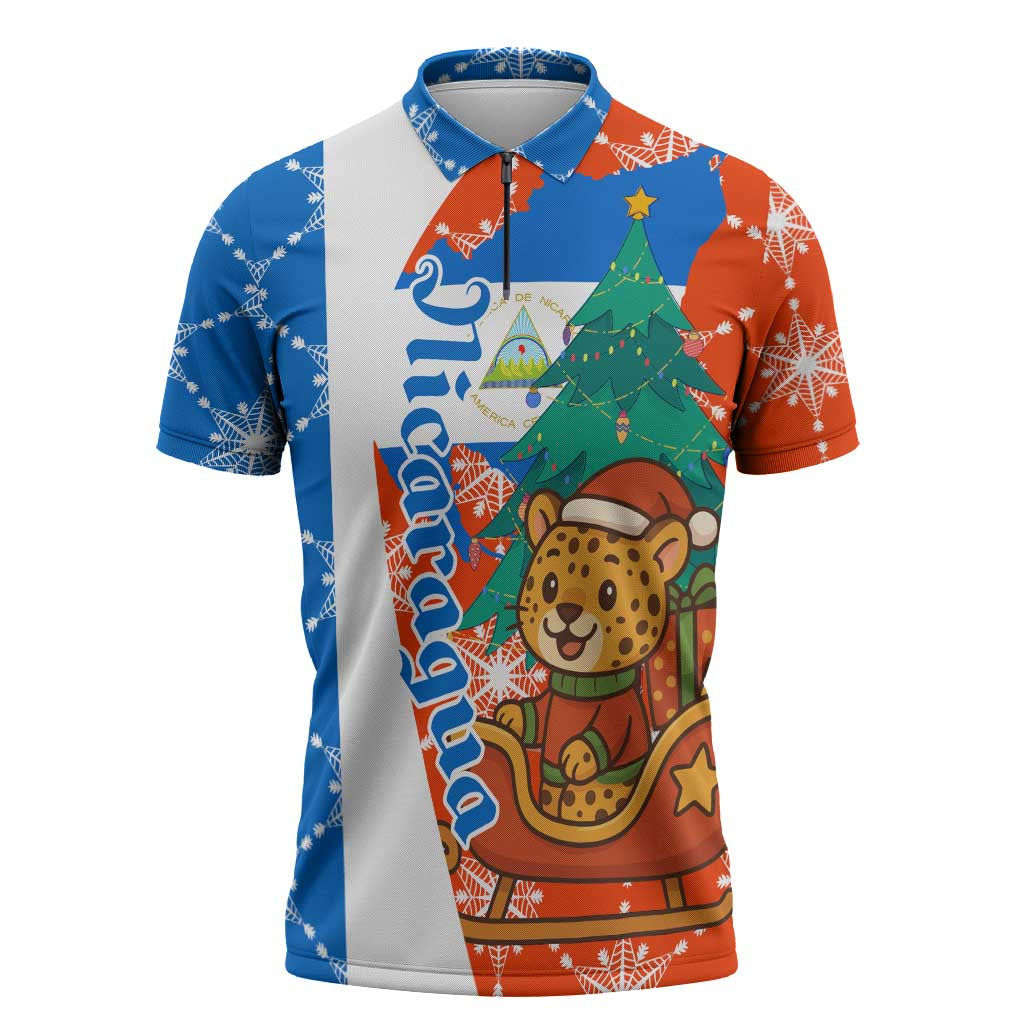 Nicaragua Christmas Zipper Polo Shirt with Jaguar in Sleigh Christmas Tree Snowflakes and Flag Colors Design - Wonder Print Shop
