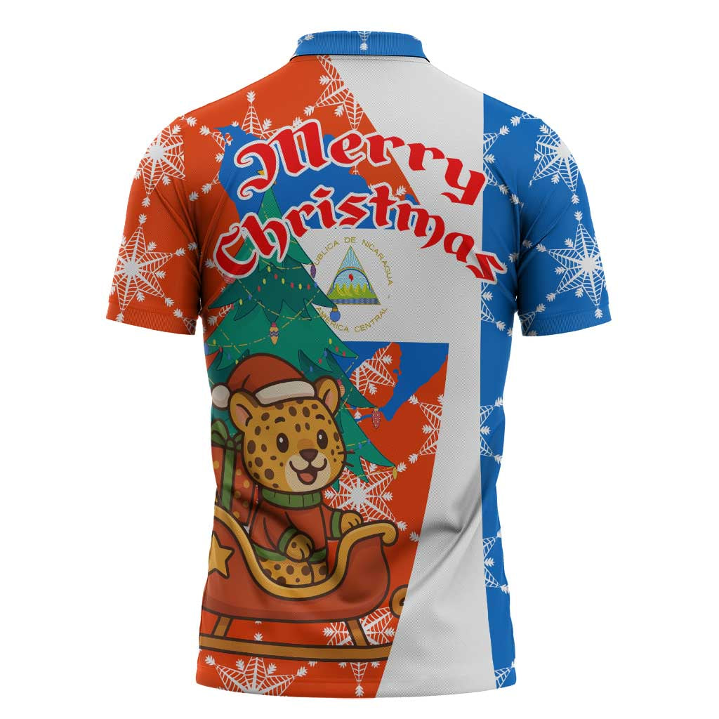 Nicaragua Christmas Zipper Polo Shirt with Jaguar in Sleigh Christmas Tree Snowflakes and Flag Colors Design - Wonder Print Shop