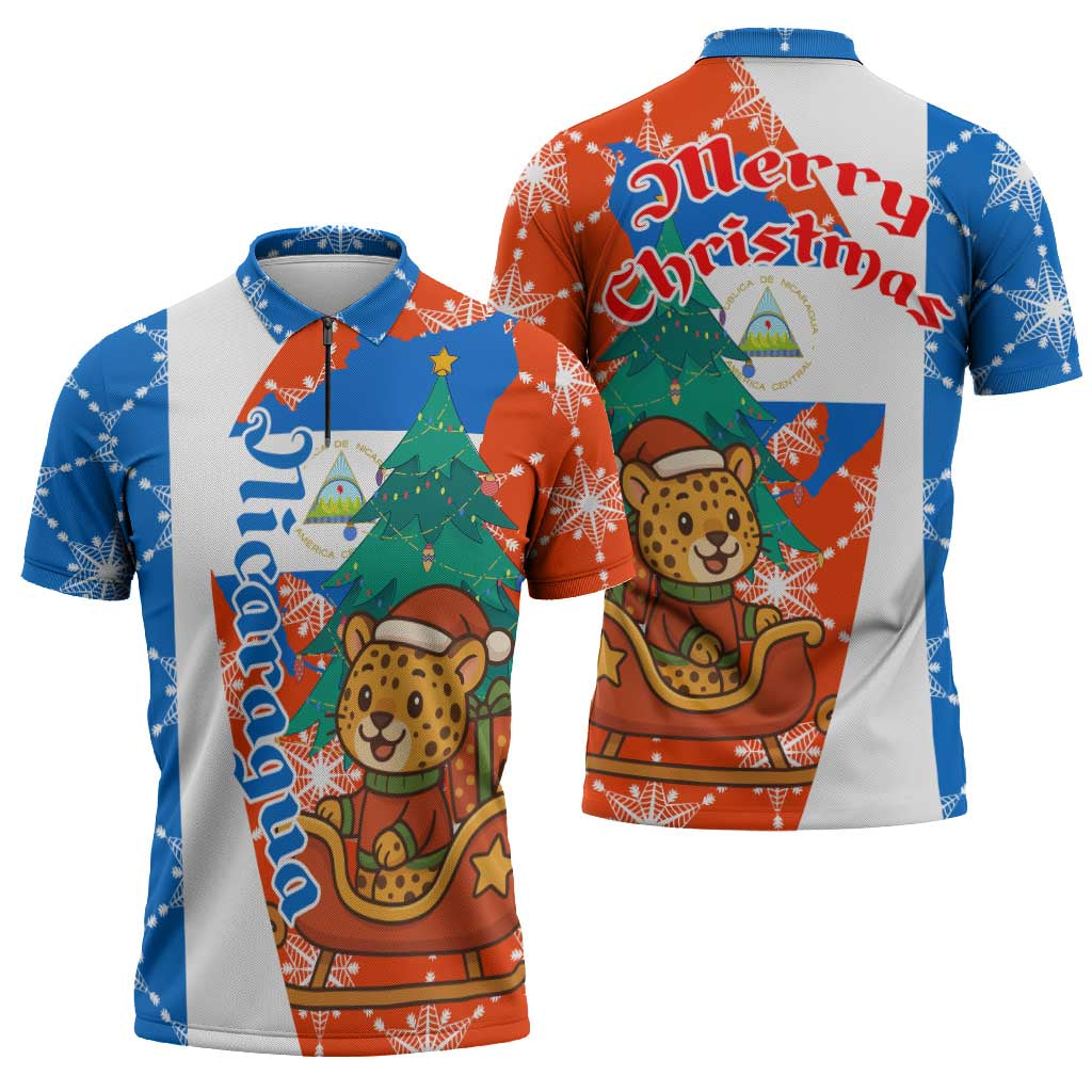 Nicaragua Christmas Zipper Polo Shirt with Jaguar in Sleigh Christmas Tree Snowflakes and Flag Colors Design - Wonder Print Shop
