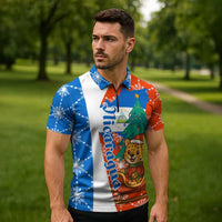 Nicaragua Christmas Zipper Polo Shirt with Jaguar in Sleigh Christmas Tree Snowflakes and Flag Colors Design - Wonder Print Shop