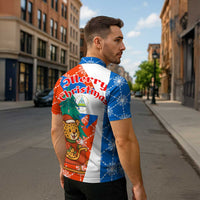 Nicaragua Christmas Zipper Polo Shirt with Jaguar in Sleigh Christmas Tree Snowflakes and Flag Colors Design - Wonder Print Shop