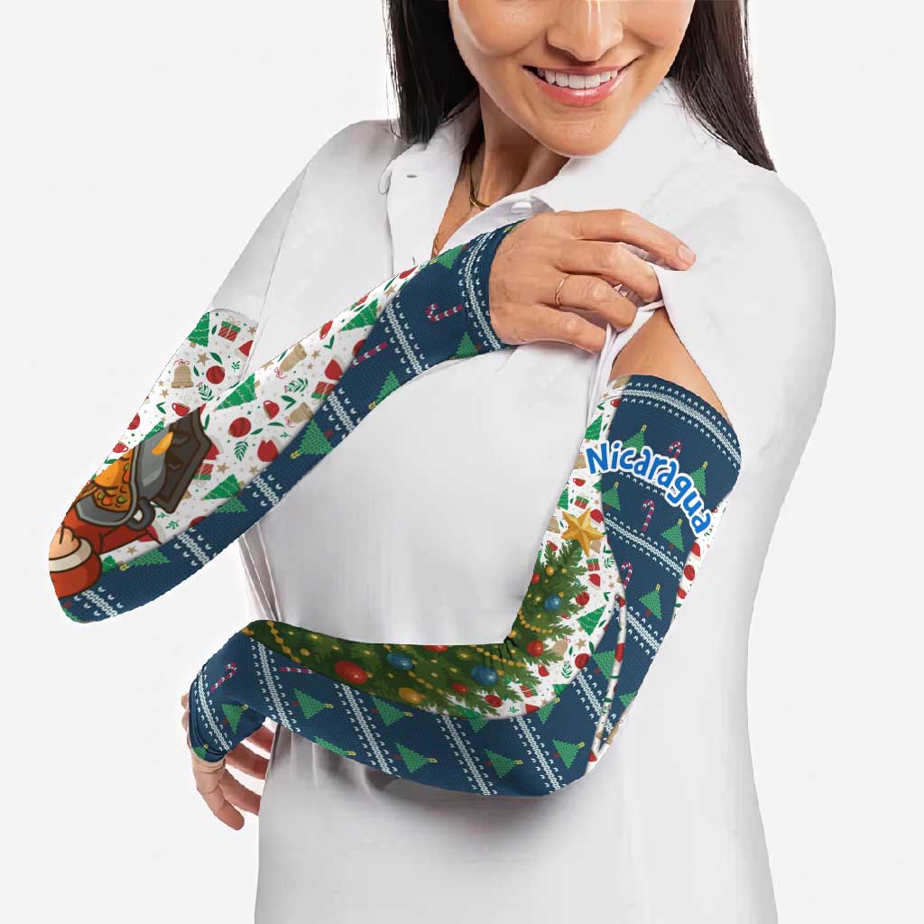 Nicaragua Christmas Arm Sleeves with Santa Cooking Gallina Rellena Tree Flag and Festive Icons Design - Wonder Print Shop