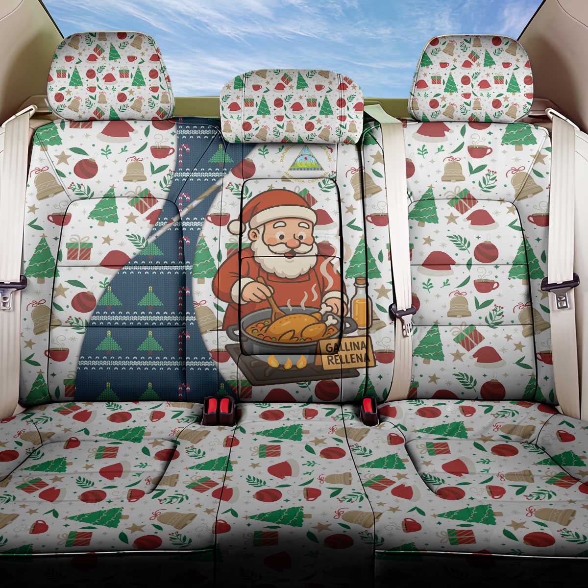 Nicaragua Christmas Back Car Seat Cover with Santa Cooking Gallina Rellena Tree Flag and Festive Icons Design - Wonder Print Shop