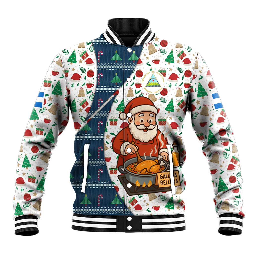 Nicaragua Christmas Baseball Jacket with Santa Cooking Gallina Rellena Tree Flag and Festive Icons Design - Wonder Print Shop