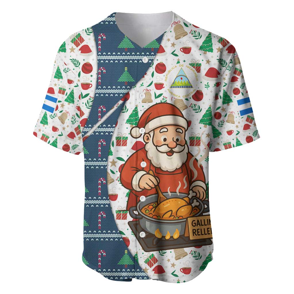 Nicaragua Christmas Baseball Jersey with Santa Cooking Gallina Rellena Tree Flag and Festive Icons Design - Wonder Print Shop