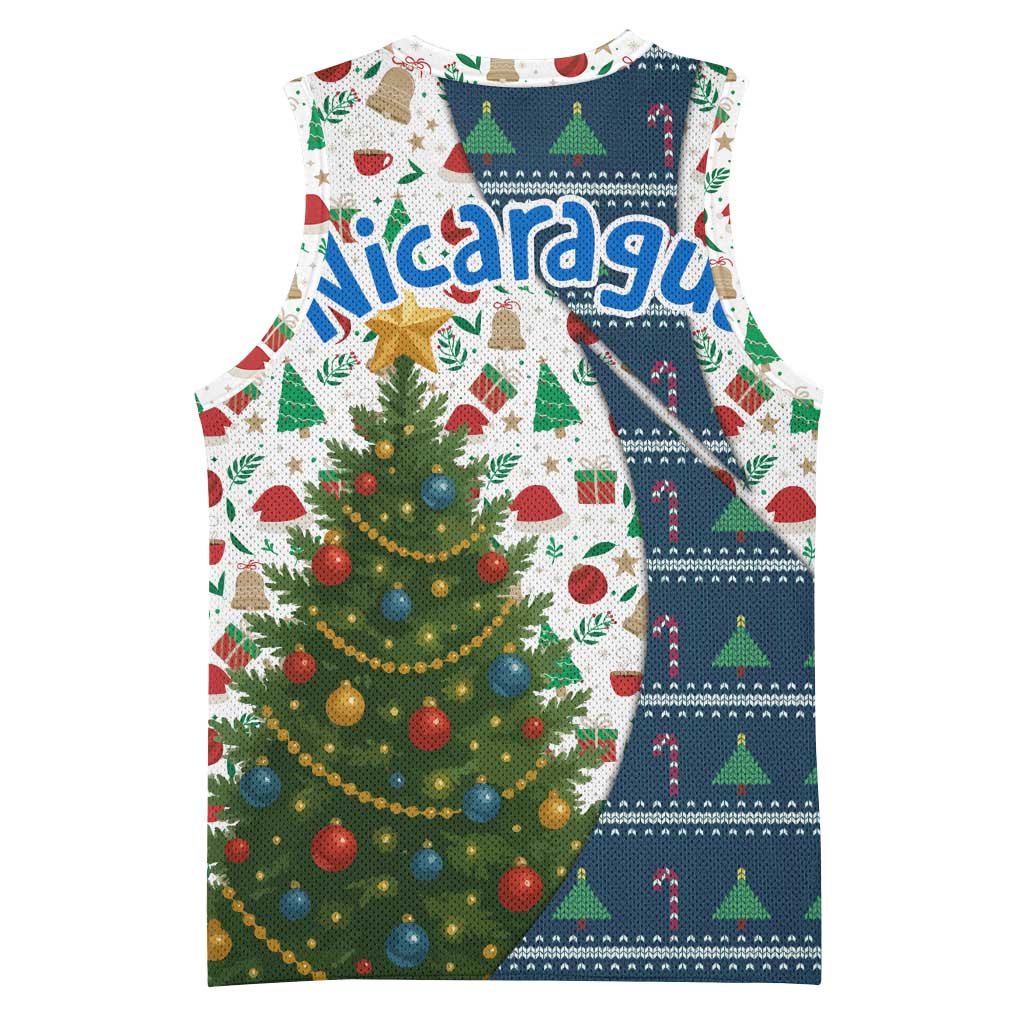 Nicaragua Christmas Basketball Jersey with Santa Cooking Gallina Rellena Tree Flag and Festive Icons Design - Wonder Print Shop