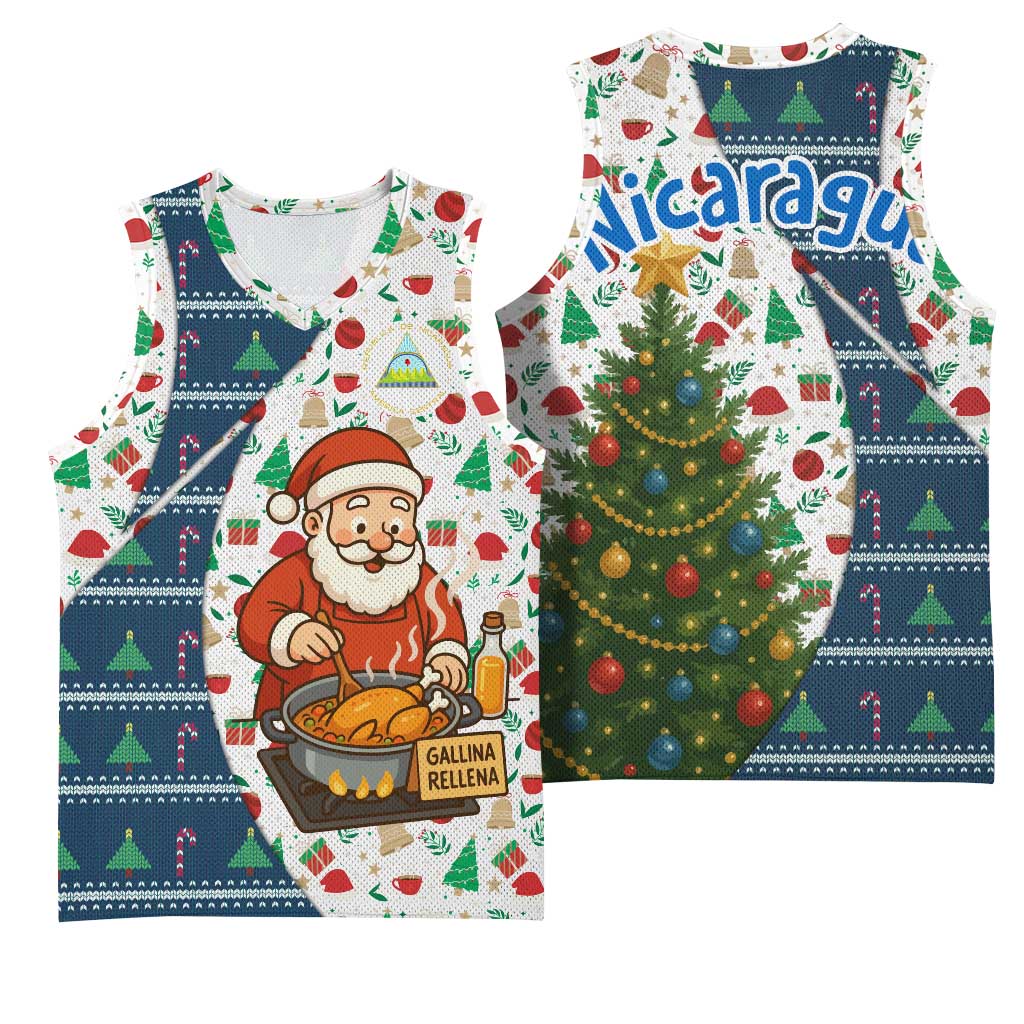 Nicaragua Christmas Basketball Jersey with Santa Cooking Gallina Rellena Tree Flag and Festive Icons Design - Wonder Print Shop