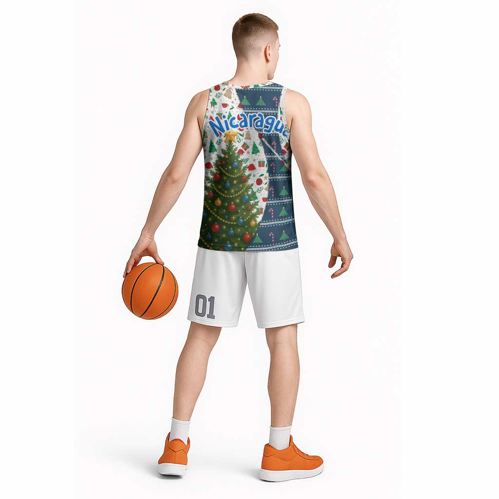 Nicaragua Christmas Basketball Jersey with Santa Cooking Gallina Rellena Tree Flag and Festive Icons Design - Wonder Print Shop
