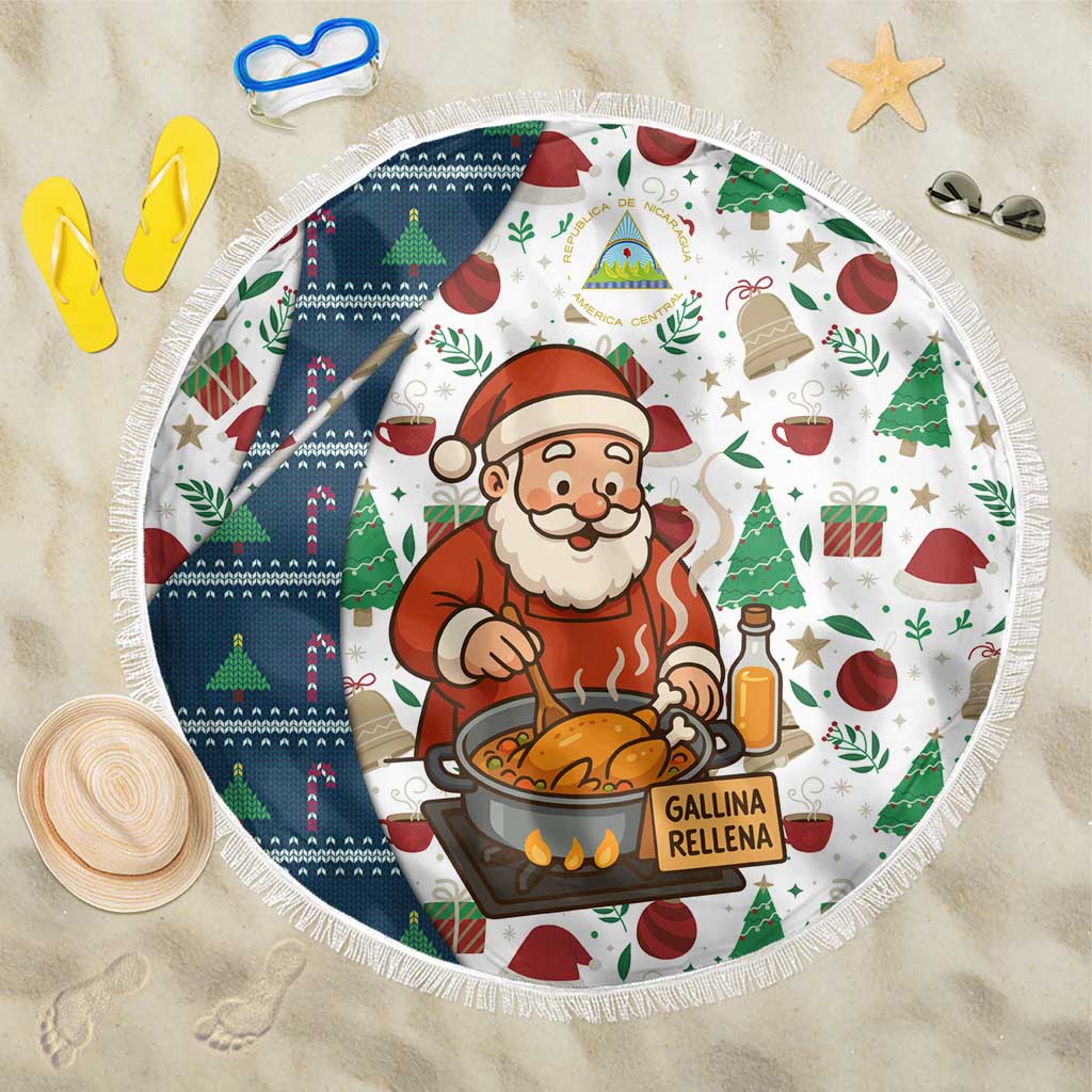 Nicaragua Christmas Beach Blanket with Santa Cooking Gallina Rellena Tree Flag and Festive Icons Design - Wonder Print Shop