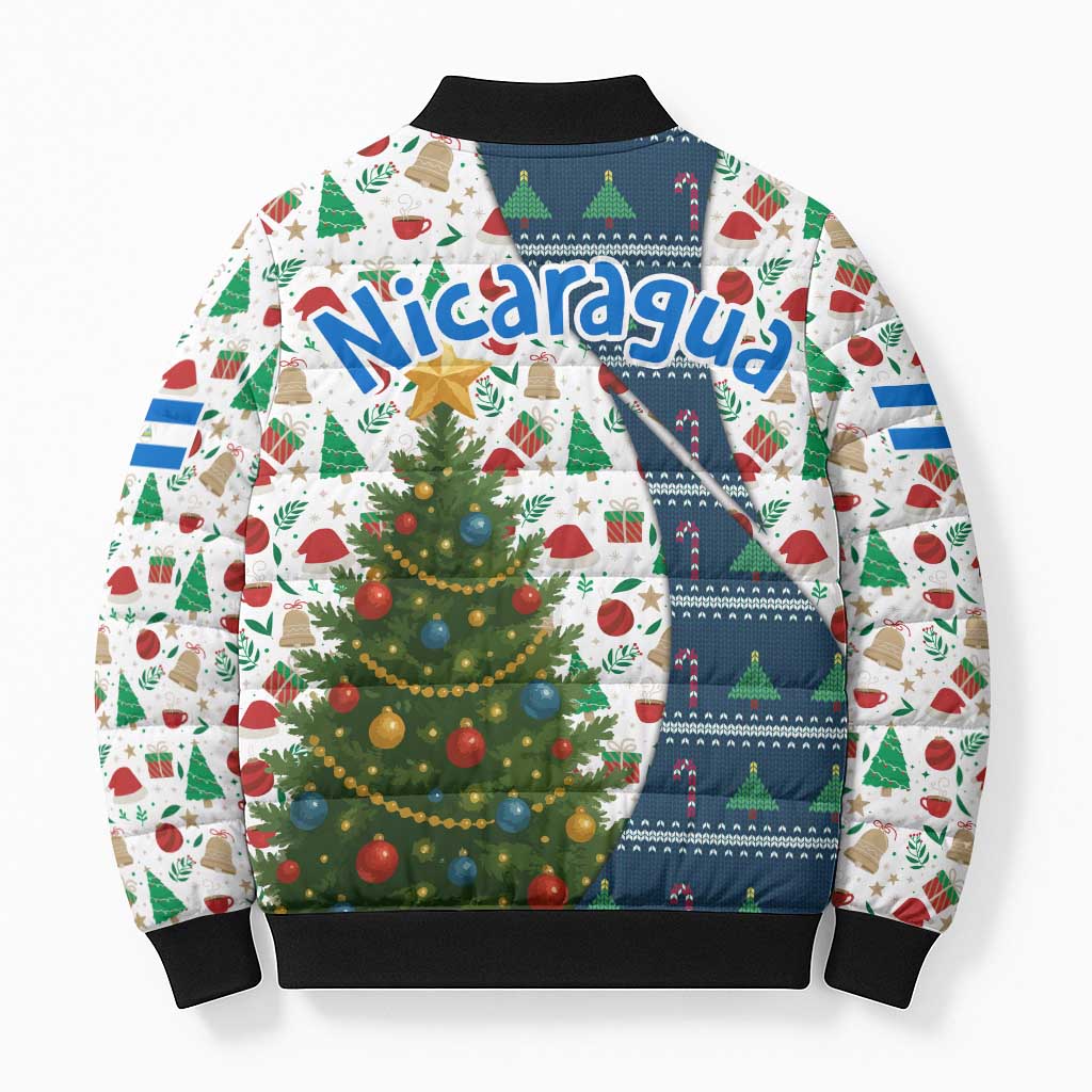 Nicaragua Christmas Bomber Puffer Jacket with Santa Cooking Gallina Rellena Tree Flag and Festive Icons Design - Wonder Print Shop