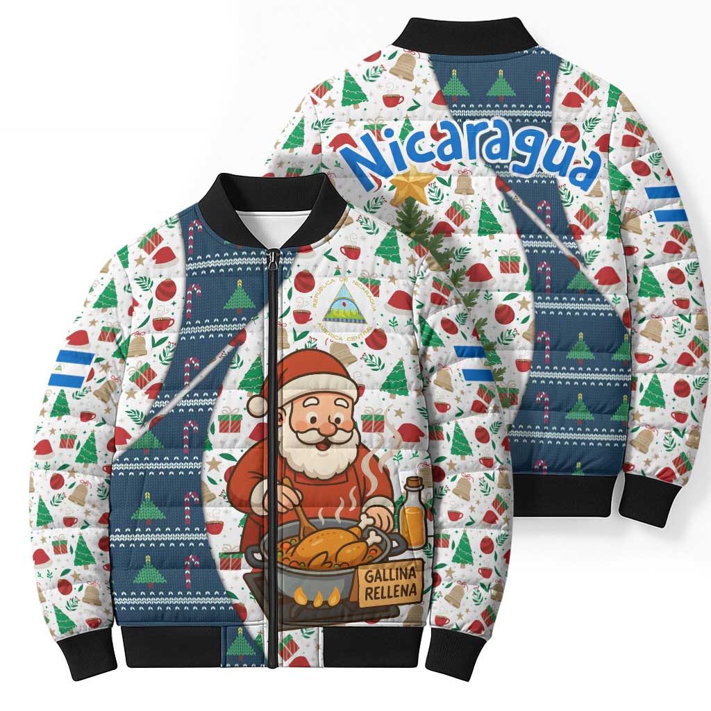 Nicaragua Christmas Bomber Puffer Jacket with Santa Cooking Gallina Rellena Tree Flag and Festive Icons Design - Wonder Print Shop