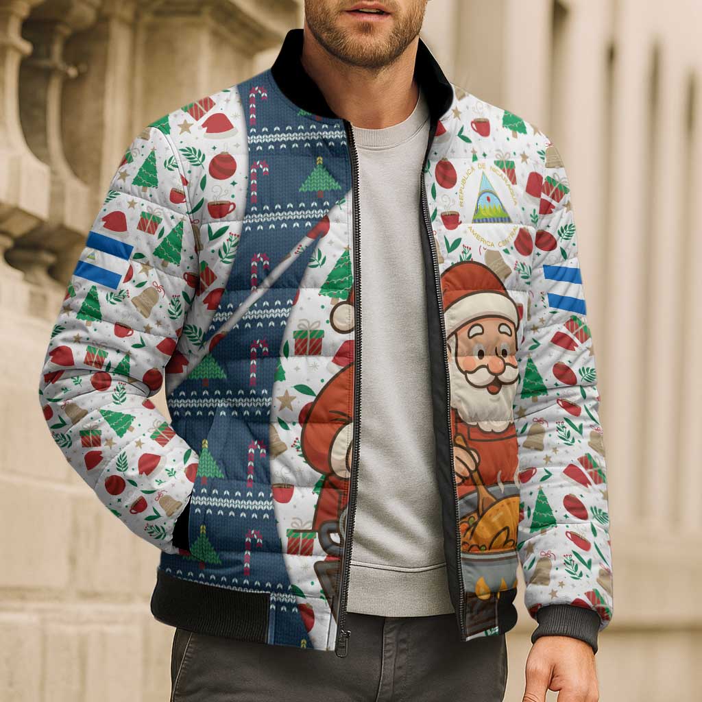 Nicaragua Christmas Bomber Puffer Jacket with Santa Cooking Gallina Rellena Tree Flag and Festive Icons Design - Wonder Print Shop