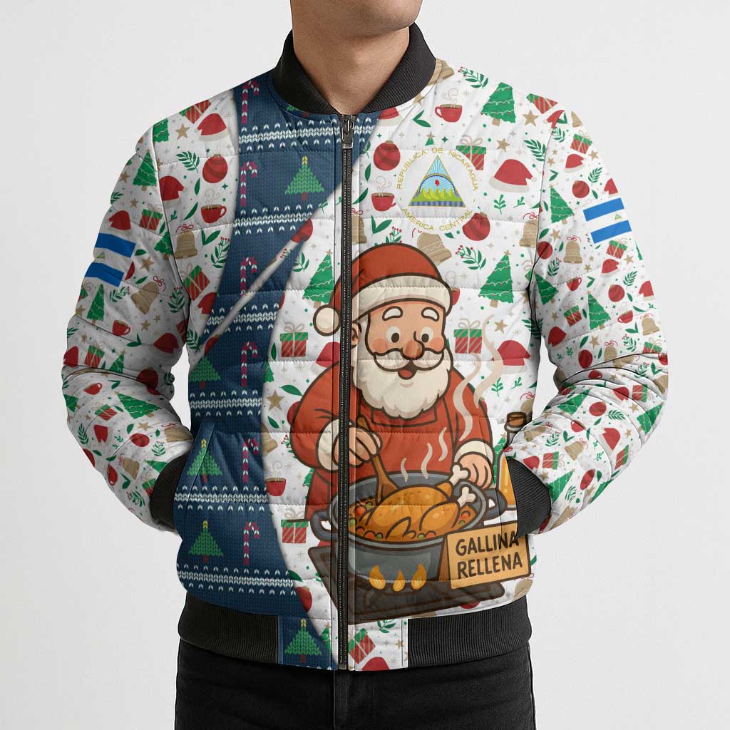 Nicaragua Christmas Bomber Puffer Jacket with Santa Cooking Gallina Rellena Tree Flag and Festive Icons Design - Wonder Print Shop