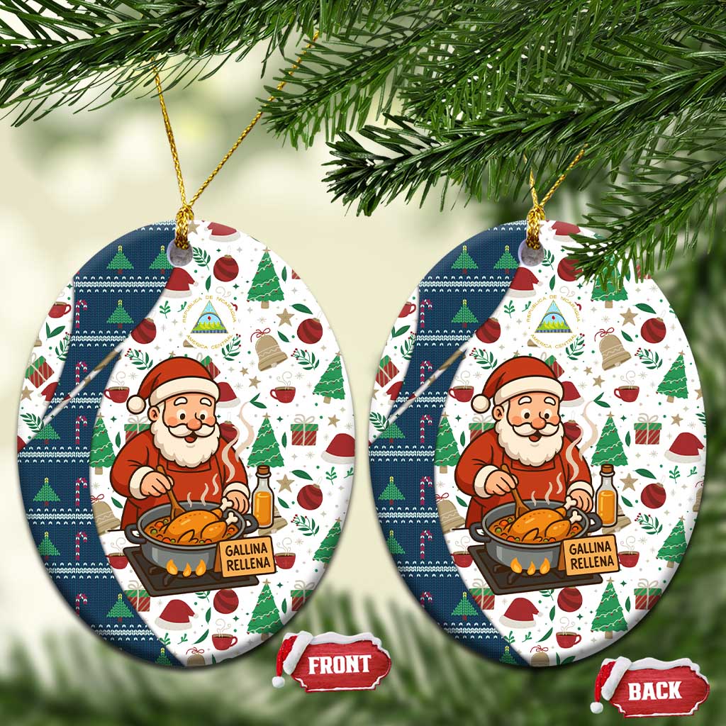 Nicaragua Christmas Ceramic Ornament with Santa Cooking Gallina Rellena Tree Flag and Festive Icons Design - Wonder Print Shop