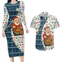 Nicaragua Christmas Couples Matching Long Sleeve Bodycon Dress and Hawaiian Shirt with Santa Cooking Gallina Rellena Tree Flag and Festive Icons Design - Wonder Print Shop