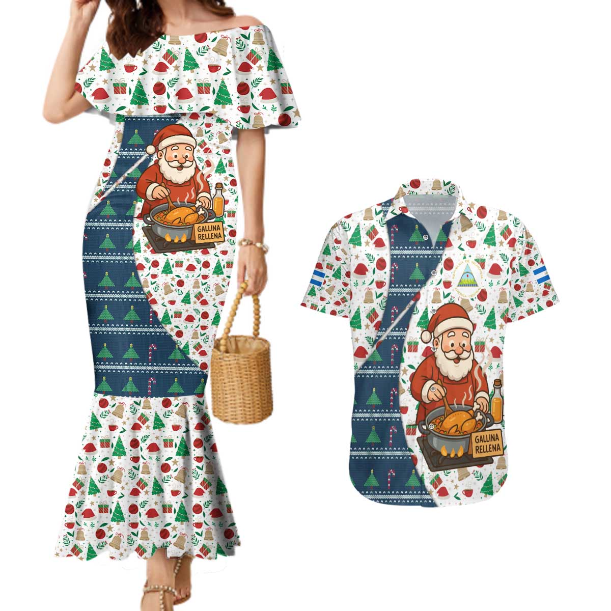 Nicaragua Christmas Couples Matching Mermaid Dress and Hawaiian Shirt with Santa Cooking Gallina Rellena Tree Flag and Festive Icons Design - Wonder Print Shop