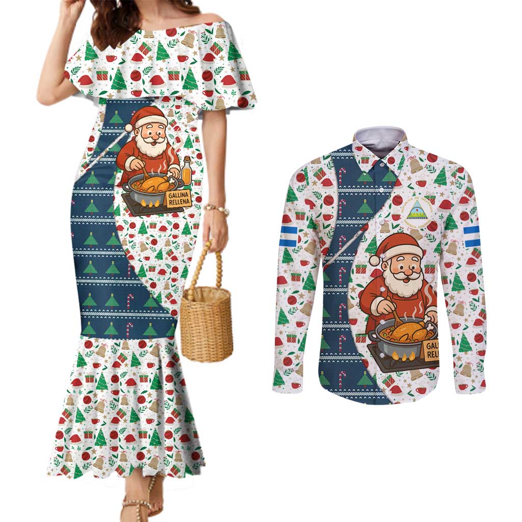 Nicaragua Christmas Couples Matching Mermaid Dress and Long Sleeve Button Shirt with Santa Cooking Gallina Rellena Tree Flag and Festive Icons Design - Wonder Print Shop