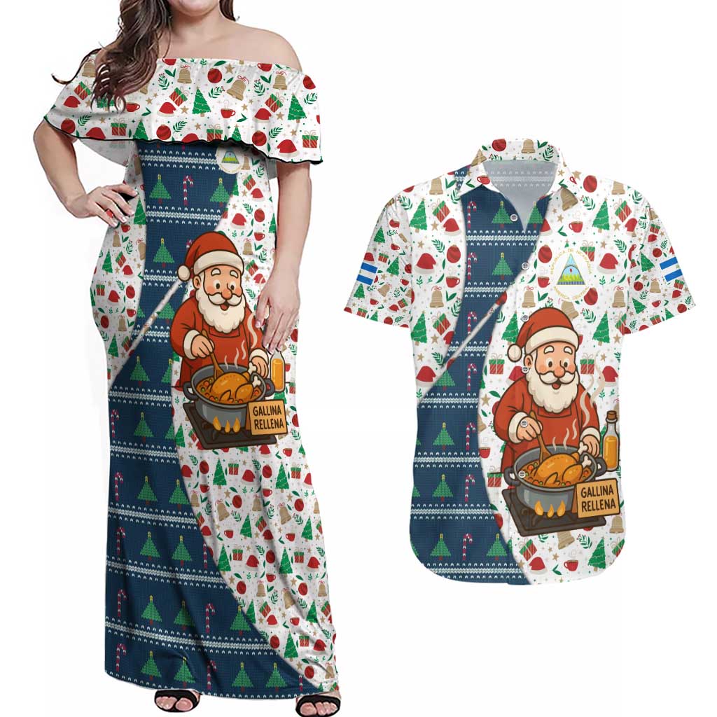 Nicaragua Christmas Couples Matching Off Shoulder Maxi Dress and Hawaiian Shirt with Santa Cooking Gallina Rellena Tree Flag and Festive Icons Design - Wonder Print Shop