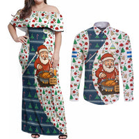 Nicaragua Christmas Couples Matching Off Shoulder Maxi Dress and Long Sleeve Button Shirt with Santa Cooking Gallina Rellena Tree Flag and Festive Icons Design - Wonder Print Shop