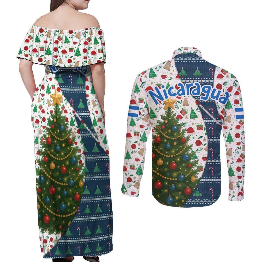 Nicaragua Christmas Couples Matching Off Shoulder Maxi Dress and Long Sleeve Button Shirt with Santa Cooking Gallina Rellena Tree Flag and Festive Icons Design - Wonder Print Shop
