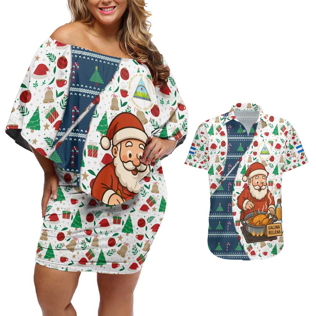 Nicaragua Christmas Couples Matching Off Shoulder Short Dress and Hawaiian Shirt with Santa Cooking Gallina Rellena Tree Flag and Festive Icons Design - Wonder Print Shop