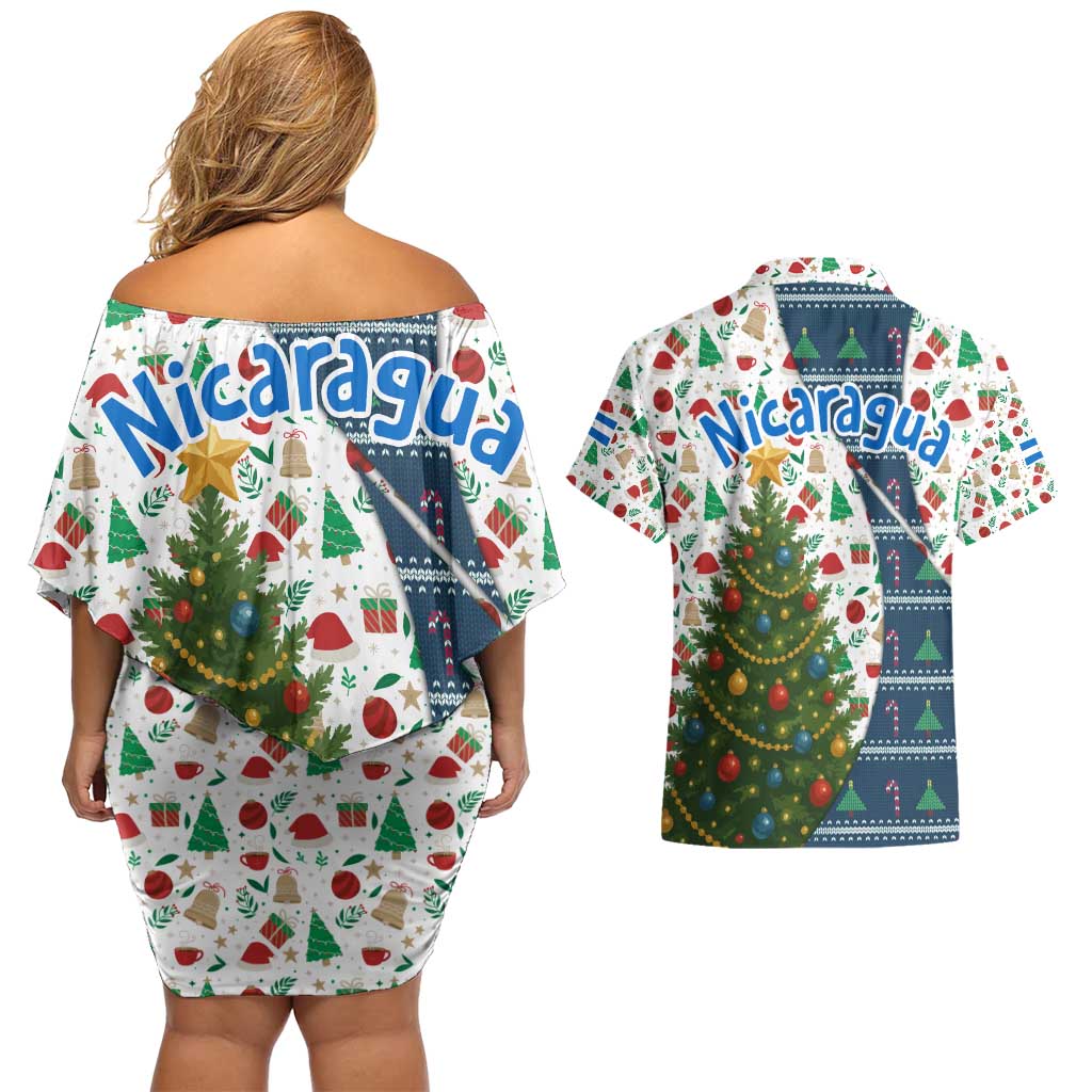 Nicaragua Christmas Couples Matching Off Shoulder Short Dress and Hawaiian Shirt with Santa Cooking Gallina Rellena Tree Flag and Festive Icons Design - Wonder Print Shop