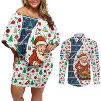 Nicaragua Christmas Couples Matching Off Shoulder Short Dress and Long Sleeve Button Shirt with Santa Cooking Gallina Rellena Tree Flag and Festive Icons Design - Wonder Print Shop