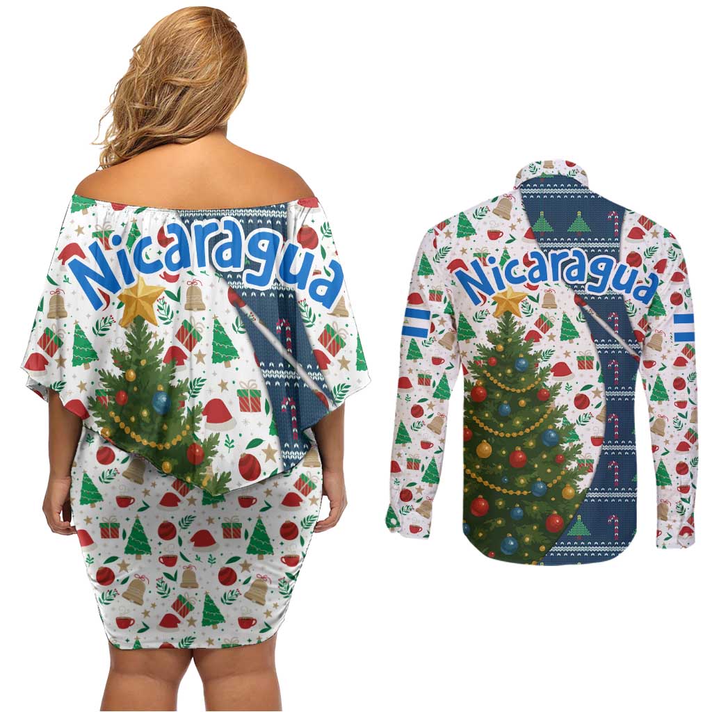 Nicaragua Christmas Couples Matching Off Shoulder Short Dress and Long Sleeve Button Shirt with Santa Cooking Gallina Rellena Tree Flag and Festive Icons Design - Wonder Print Shop