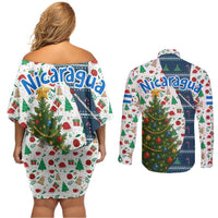 Nicaragua Christmas Couples Matching Off Shoulder Short Dress and Long Sleeve Button Shirt with Santa Cooking Gallina Rellena Tree Flag and Festive Icons Design - Wonder Print Shop