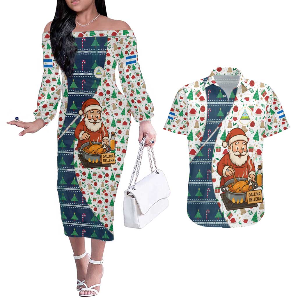 Nicaragua Christmas Couples Matching Off The Shoulder Long Sleeve Dress and Hawaiian Shirt with Santa Cooking Gallina Rellena Tree Flag and Festive Icons Design - Wonder Print Shop
