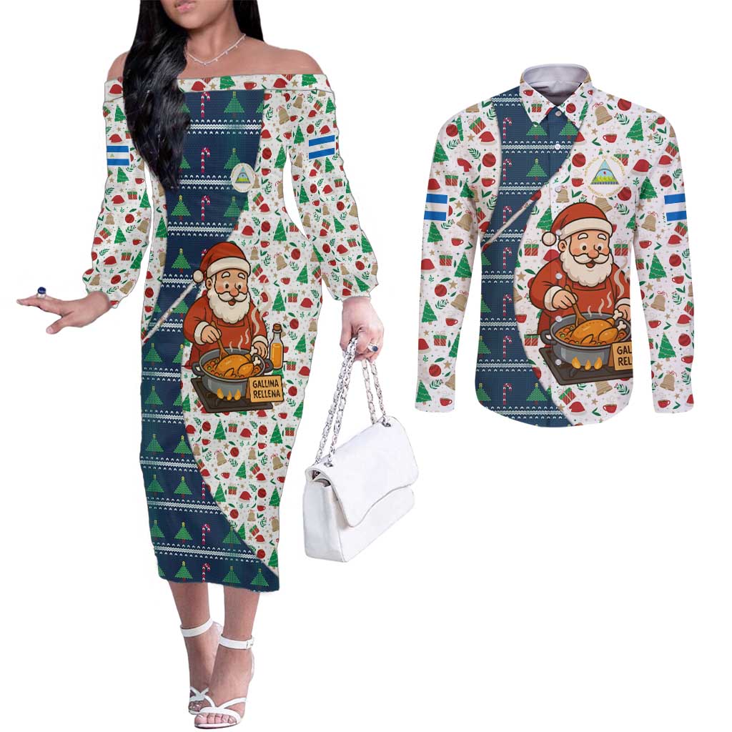 Nicaragua Christmas Couples Matching Off The Shoulder Long Sleeve Dress and Long Sleeve Button Shirt with Santa Cooking Gallina Rellena Tree Flag and Festive Icons Design - Wonder Print Shop
