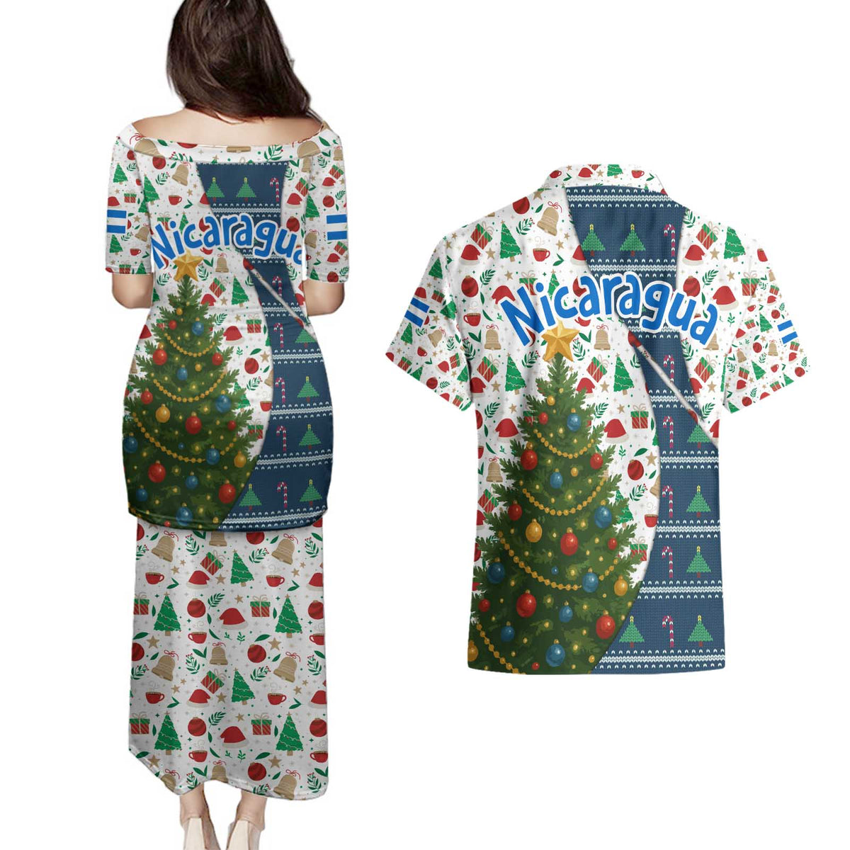 Nicaragua Christmas Couples Matching Puletasi and Hawaiian Shirt with Santa Cooking Gallina Rellena Tree Flag and Festive Icons Design - Wonder Print Shop