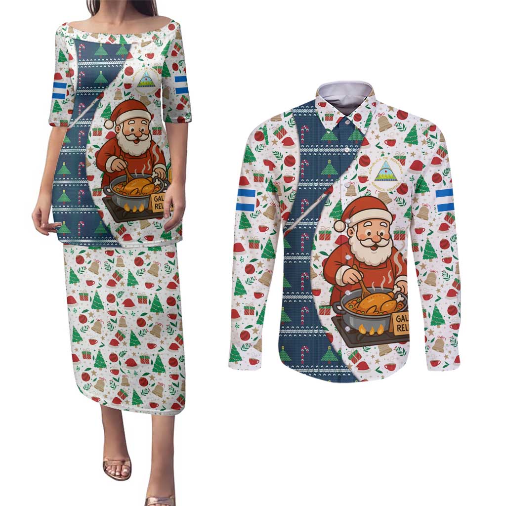 Nicaragua Christmas Couples Matching Puletasi and Long Sleeve Button Shirt with Santa Cooking Gallina Rellena Tree Flag and Festive Icons Design - Wonder Print Shop