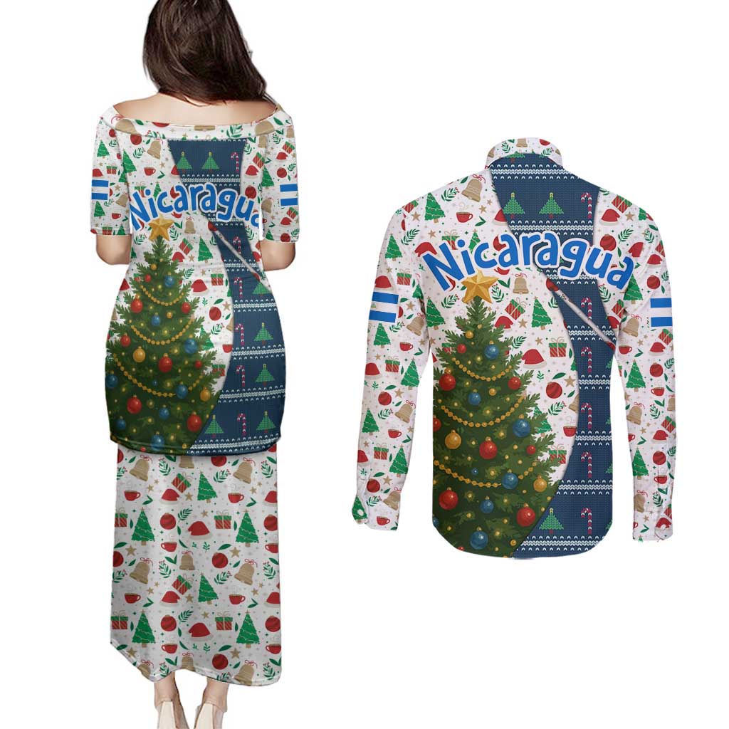 Nicaragua Christmas Couples Matching Puletasi and Long Sleeve Button Shirt with Santa Cooking Gallina Rellena Tree Flag and Festive Icons Design - Wonder Print Shop