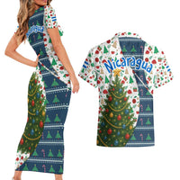 Nicaragua Christmas Couples Matching Short Sleeve Bodycon Dress and Hawaiian Shirt with Santa Cooking Gallina Rellena Tree Flag and Festive Icons Design - Wonder Print Shop