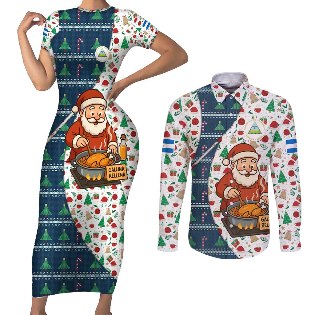 Nicaragua Christmas Couples Matching Short Sleeve Bodycon Dress and Long Sleeve Button Shirt with Santa Cooking Gallina Rellena Tree Flag and Festive Icons Design - Wonder Print Shop