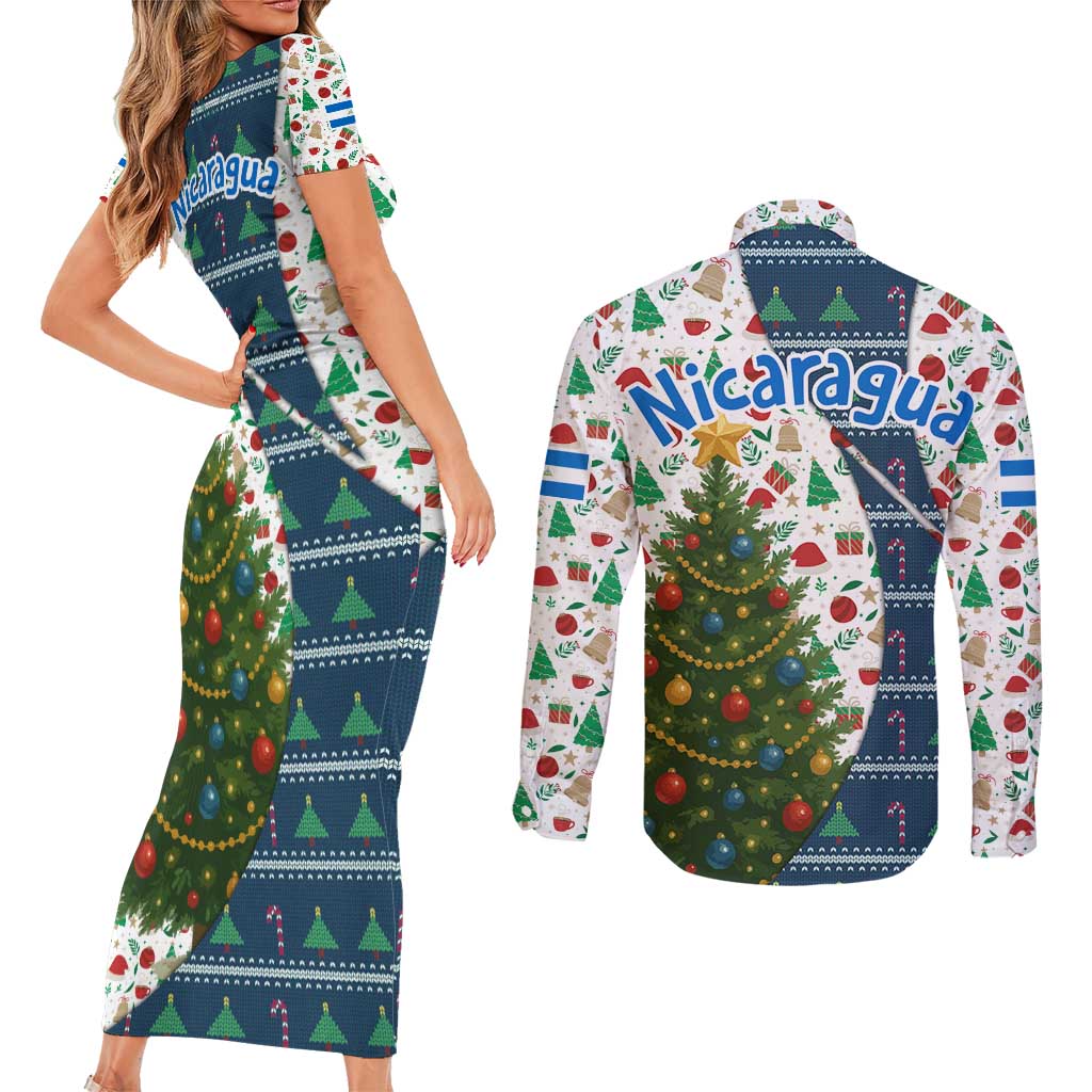 Nicaragua Christmas Couples Matching Short Sleeve Bodycon Dress and Long Sleeve Button Shirt with Santa Cooking Gallina Rellena Tree Flag and Festive Icons Design - Wonder Print Shop