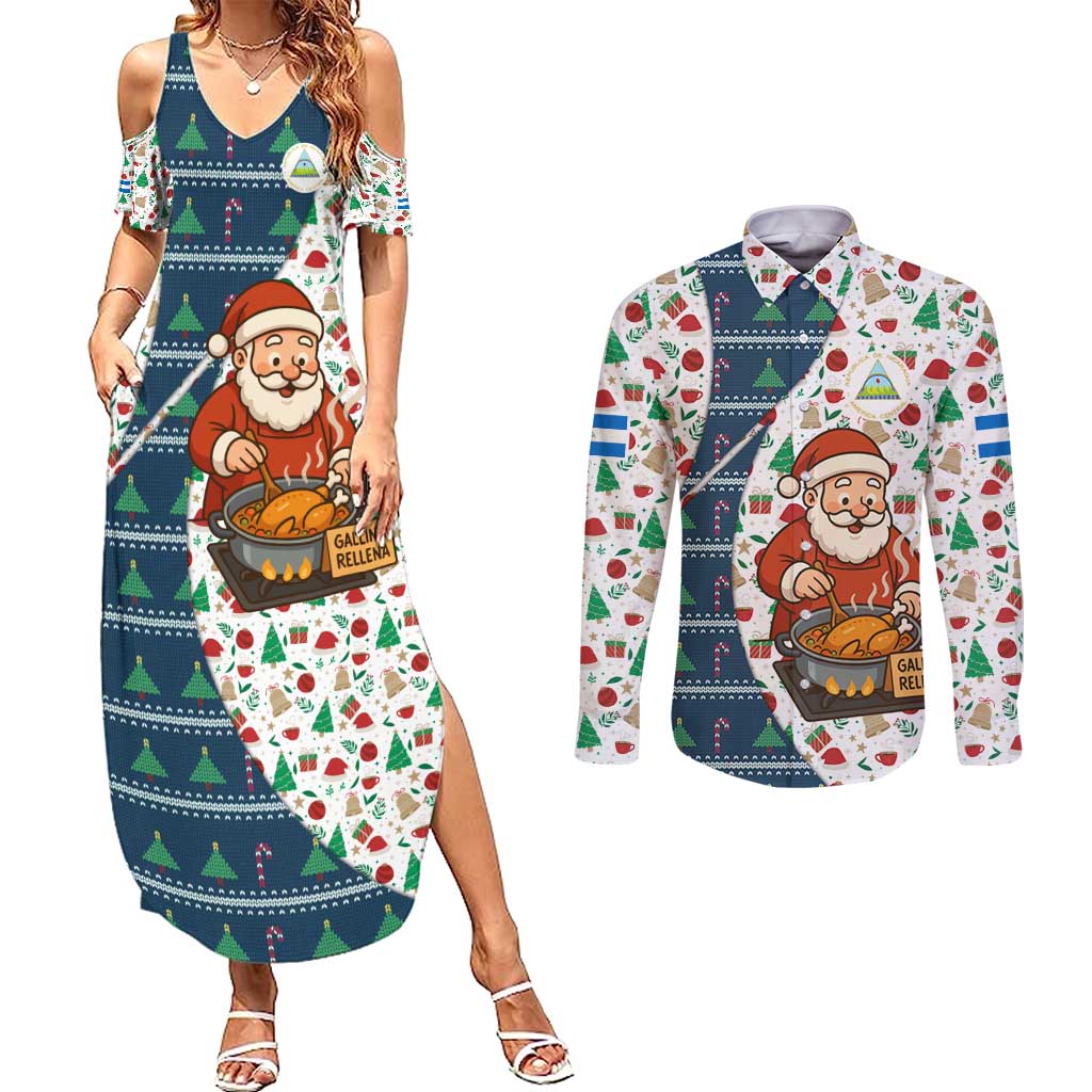 Nicaragua Christmas Couples Matching Summer Maxi Dress and Long Sleeve Button Shirt with Santa Cooking Gallina Rellena Tree Flag and Festive Icons Design - Wonder Print Shop