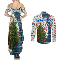Nicaragua Christmas Couples Matching Summer Maxi Dress and Long Sleeve Button Shirt with Santa Cooking Gallina Rellena Tree Flag and Festive Icons Design - Wonder Print Shop